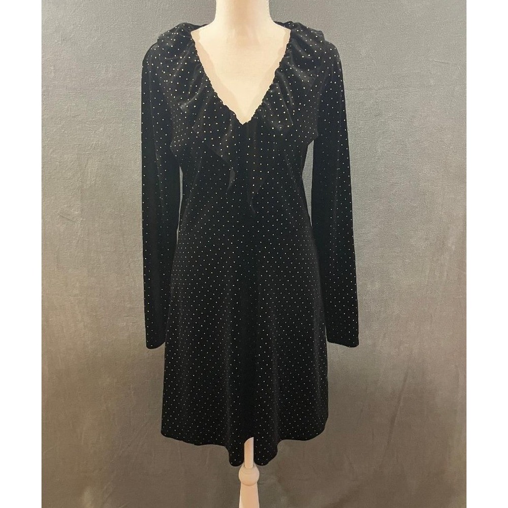 Michael Kors Black Velvet Ruffle Dress Gold Polka Dot Black Holiday Party Small